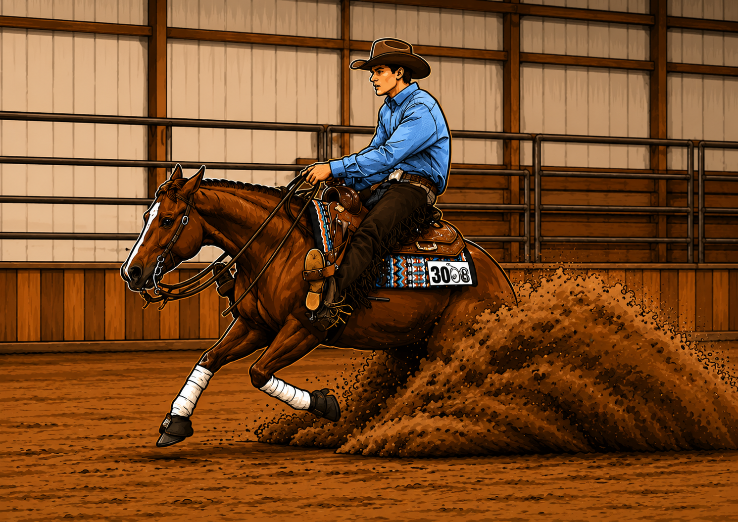 Western rider on a reining horse sliding in an arena